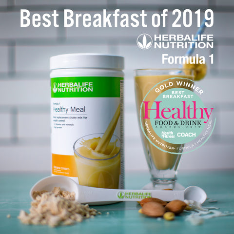 Herbalife Formula 1 Healthy Meal shake with spoon and nuts, winner of Best Breakfast 2019 Healthy Food & Drink Awards