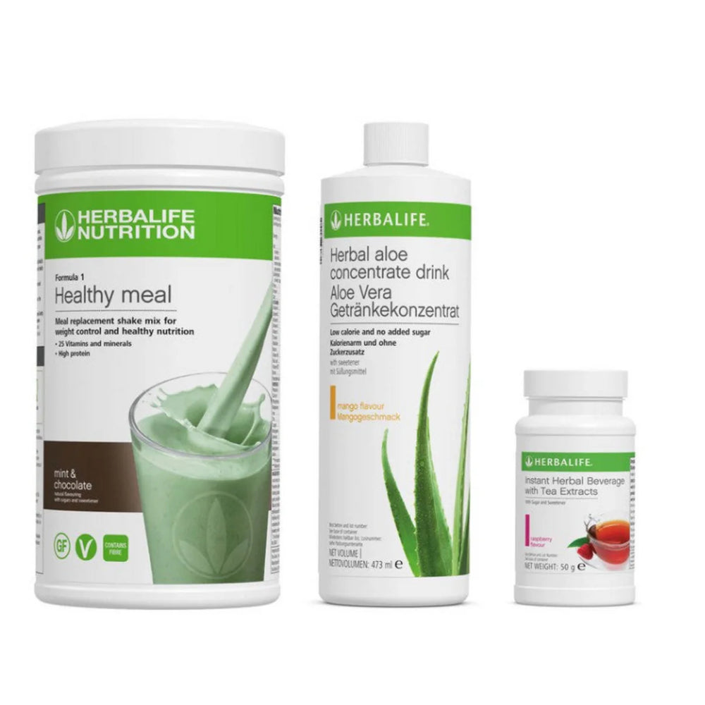 Herbalife Nutrition ideal healthy breakfast products including a healthy meal shake mix, mango aloe concentrate drink, and instant herbal beverage (raspberry) on a white background.