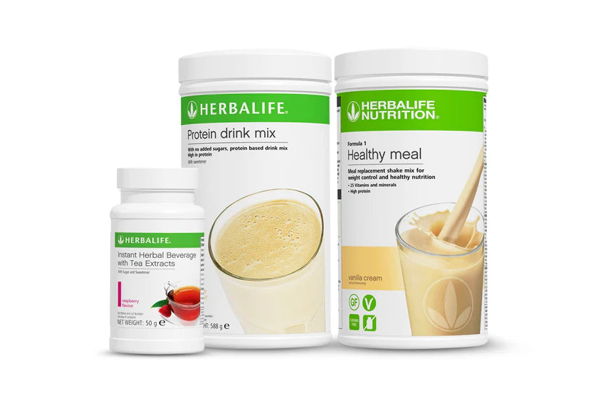 Herbalife Ideal Weight Loss Plan with Formula 1 Healthy Meal shake (choice of flavour), Vegan Protein Drink Mix, and Instant Herbal Beverage with Tea Extracts.