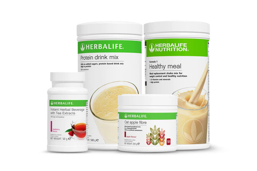 Herbalife Advanced Weight Loss Plan bundle including vegan Protein Drink Mix, Formula 1 Healthy Meal shake in choice of flavour, Oat Apple Fibre, and 51g Instant Herbal Beverage.