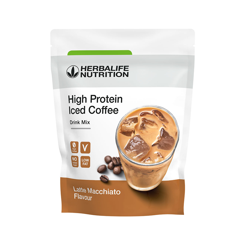 Herbalife High Protein Iced Coffee Latte Macchiato pouch – 15g protein, low calorie, no added sugar, refreshing iced coffee drink.