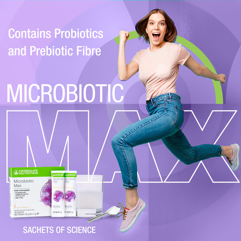 
                  
                    Load image into Gallery viewer, Happy Running lady in T shirt and jeans next to Herbalife Nutrition Microbiotic Max box and sachets
                  
                